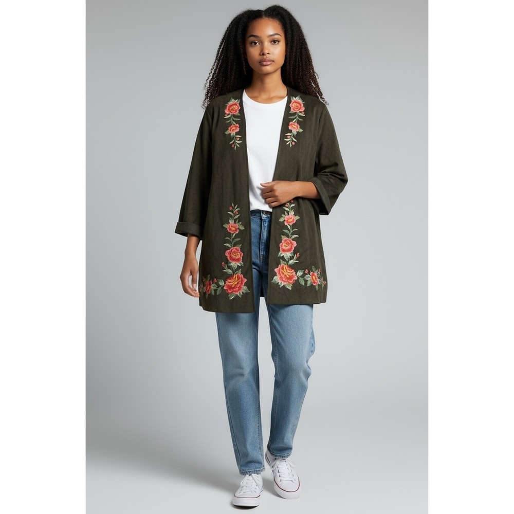 Women's‎ Embroidered Floral Kimono Jacket Duster Olive Green Open Front L